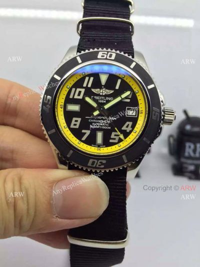 Swiss Replica Breitling Superocean Watch SS Black & Yellow Dial / Cloth Watch Band